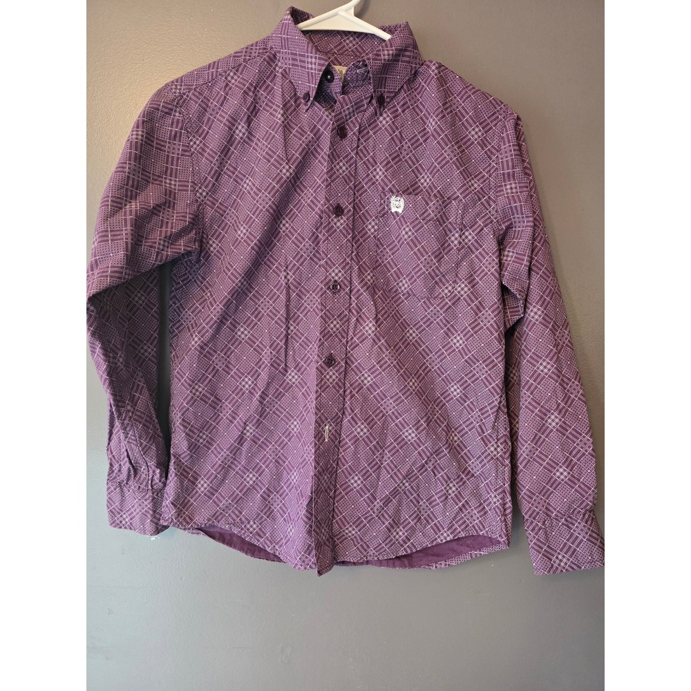 Cinch Boys Purple Geometric Diamond Print Western Button Down Shirt Size M 10